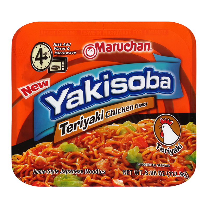 Front of Maruchan Teriyaki Chicken Flavour Yakisoba Noodles packaging showing vibrant orange design, brand logo, and image of noodles (113g pack)