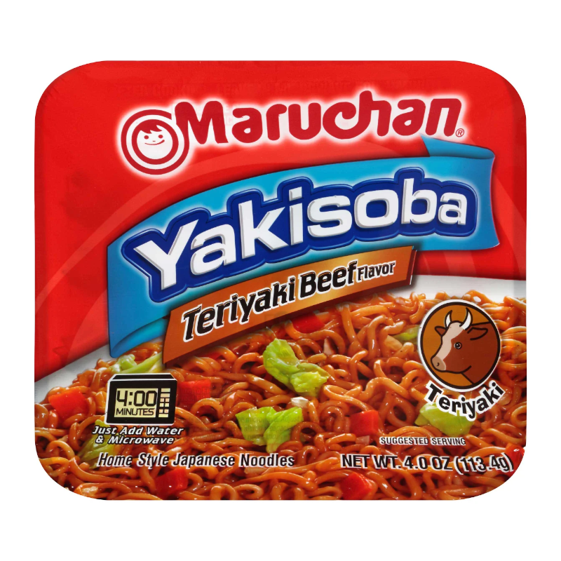 Front of Maruchan Teriyaki Beef Flavour Yakisoba Noodles package showing the logo, yakisoba flavour, and 113g weight.
