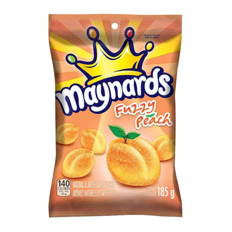 Front of Maynards Fuzzy Peach bag showing the logo, peach-shaped candy, and pack size (185g)
