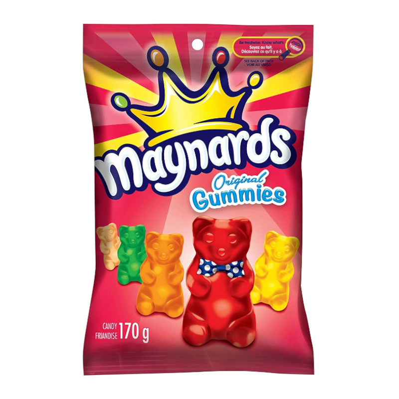 Front of Maynards Gummies Original bag showing vibrant design, assorted gummy bear shapes, and 170g pack size.