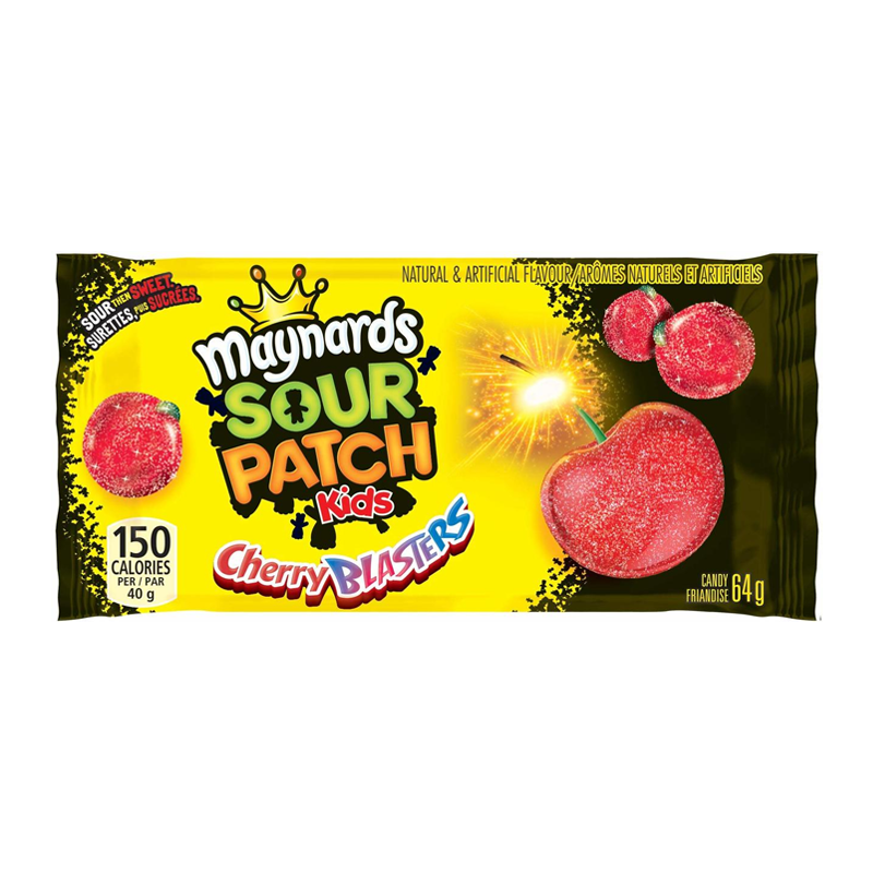 Front of Maynard Sour Patch Sour Cherry Blasters bag showing vibrant logo, cherry candy pieces, and pack size (64g)
