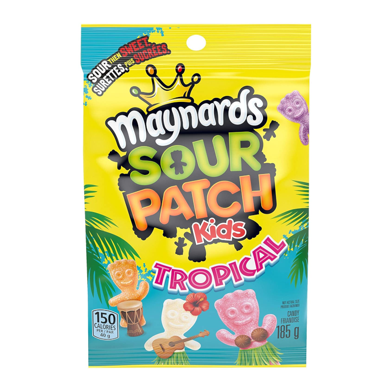 Front of Maynard Sour Patch Kids Tropical bag featuring bright yellow packaging with tropical designs and candy shapes, 185g.