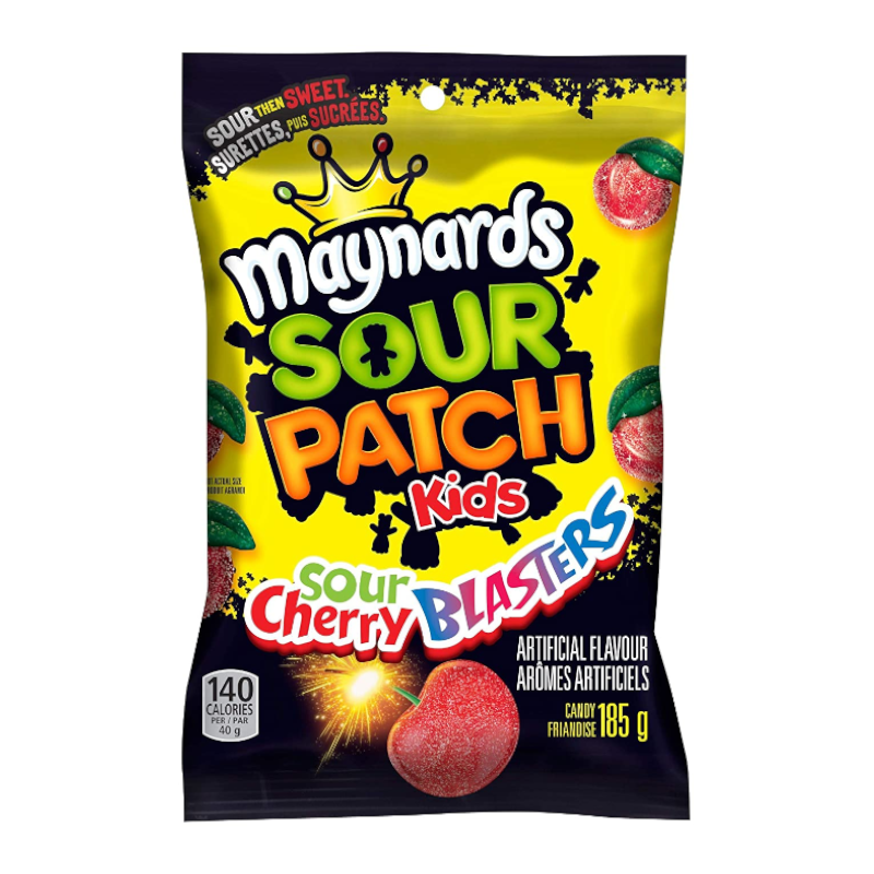Front of Maynard Sour Patch Sour Cherry Blasters bag with bright colours, logo, cherry candy pieces, and 185g pack details.