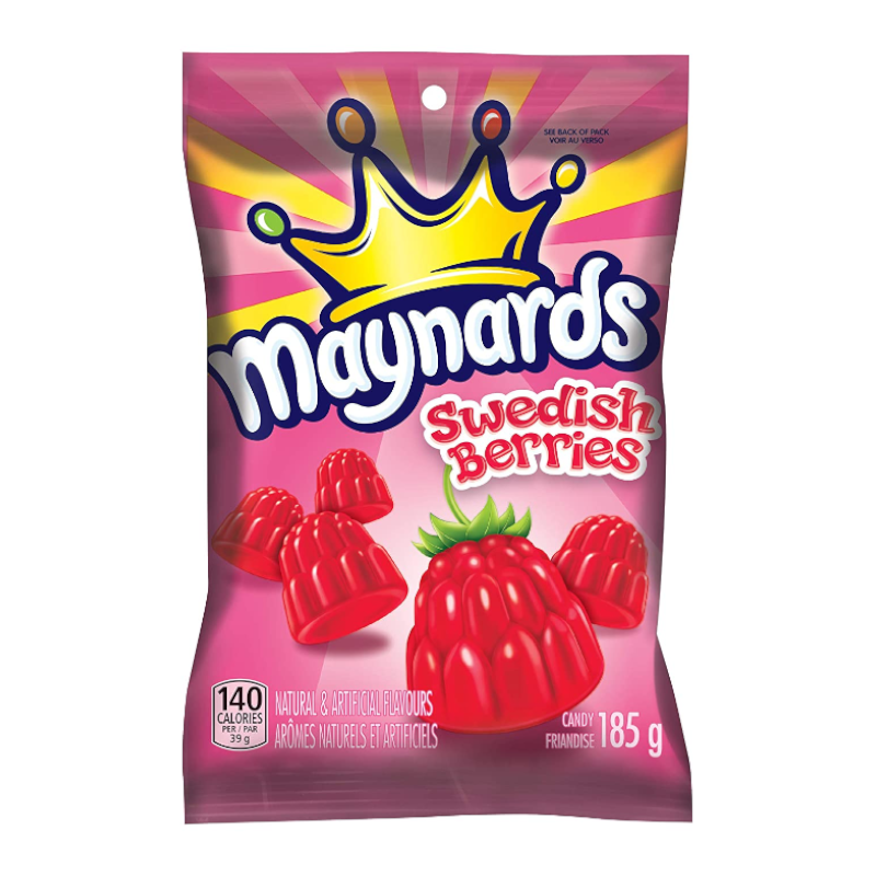 Front of Maynards Swedish Berries bag showing the logo, colourful berry-shaped gummies, and pack size (185g)