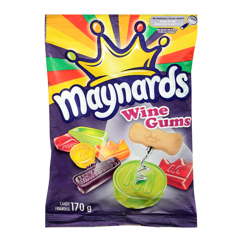 Front of a Maynards Wine Gums packet showing the logo, colourful assortment of chewy sweets, and 170g pack size.