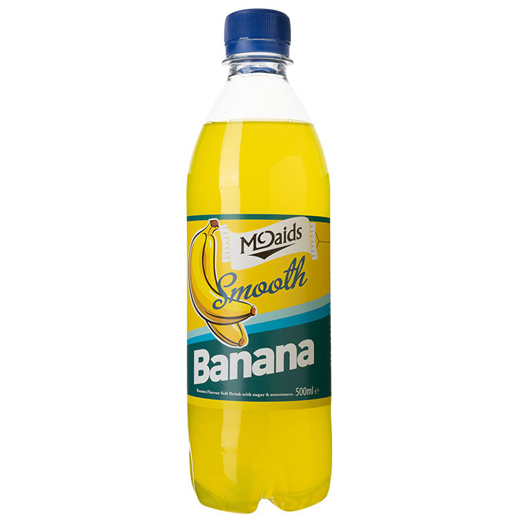 Front of McDaids Banana Soda bottle showing smooth banana flavour label and pack size of 500ml