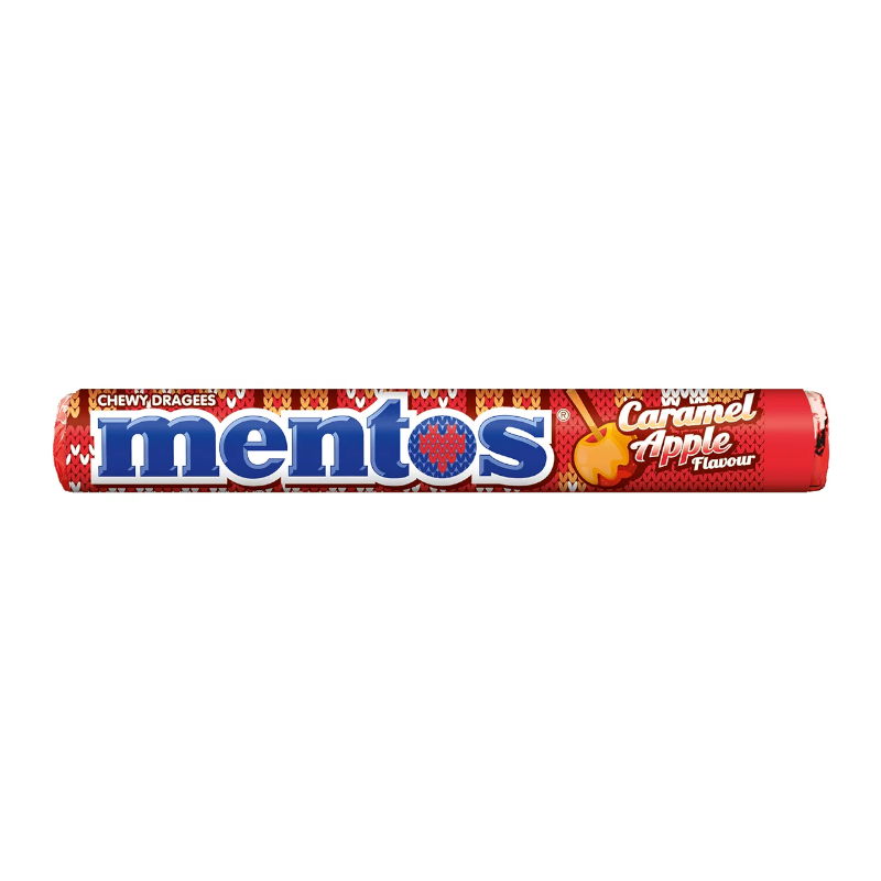 Front of Mentos Caramel Apple roll showing bright red packaging, large logo, and caramel apple flavour label (39g pack)