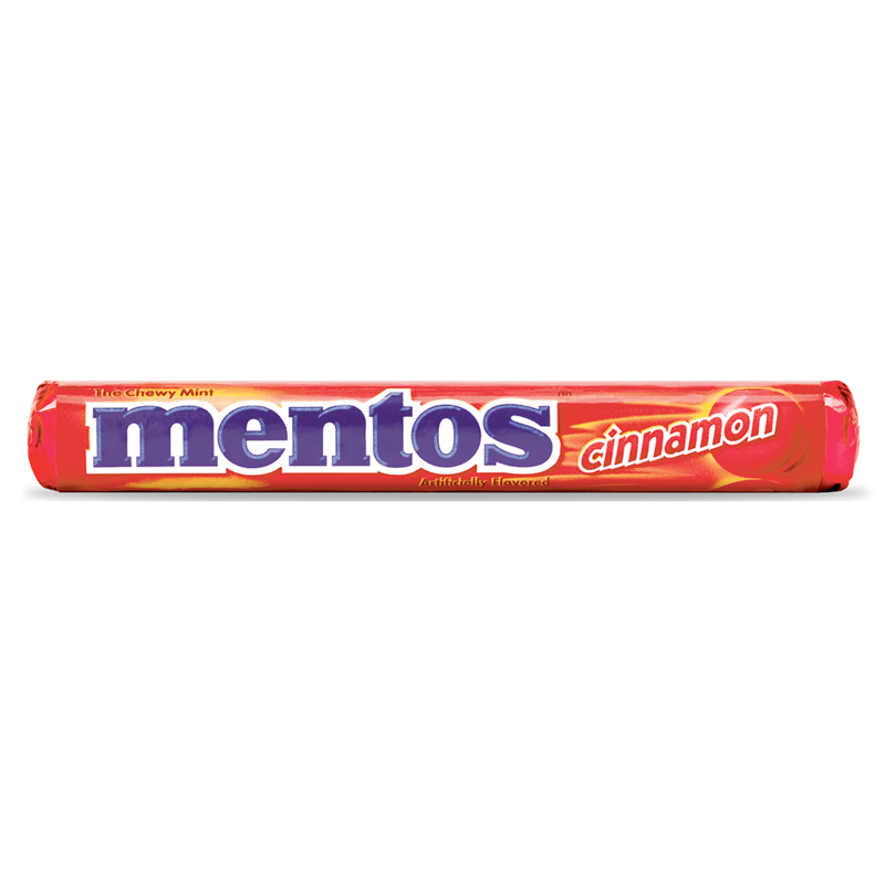 Front of Mentos Cinnamon roll showing the logo, bright red packaging, and cinnamon flavour label (37g pack)