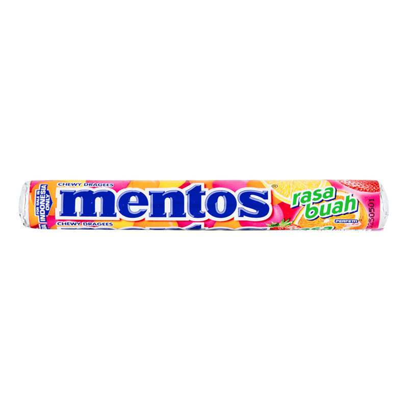 Front of a Mentos Rainbow roll showing the colourful packaging, brand name, and fruity candy design (29.7g pack)