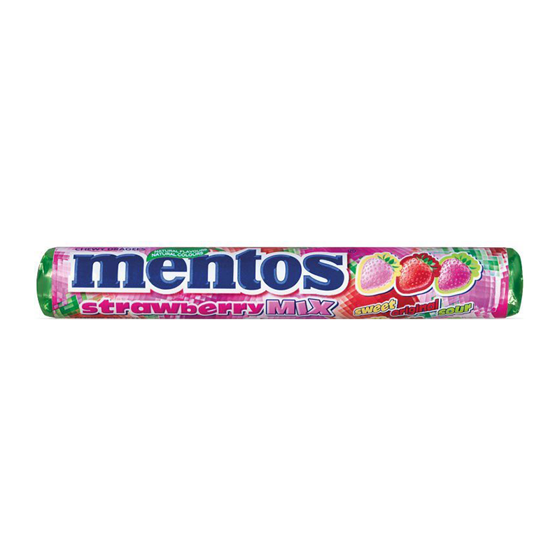 Front of Mentos Strawberry Mix roll featuring the logo, vibrant strawberry design, and 37.5g pack size