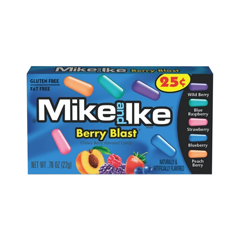 Front of Mike & Ike Berry Blast box showing logo, chewy berry-flavoured candy with a variety of colours and fruit imagery (22g pack)