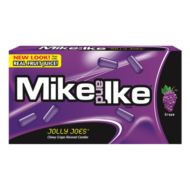 Front of Mike & Ike Jolly Joes Theatre Box showing the brand name, grape flavour label, and purple packaging (120g pack)