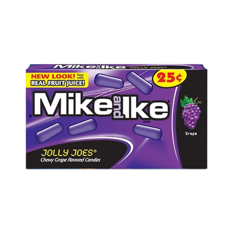 Front of Mike & Ike Jolly Joes box featuring chewy grape flavoured candies, logo, and pack size (22g)