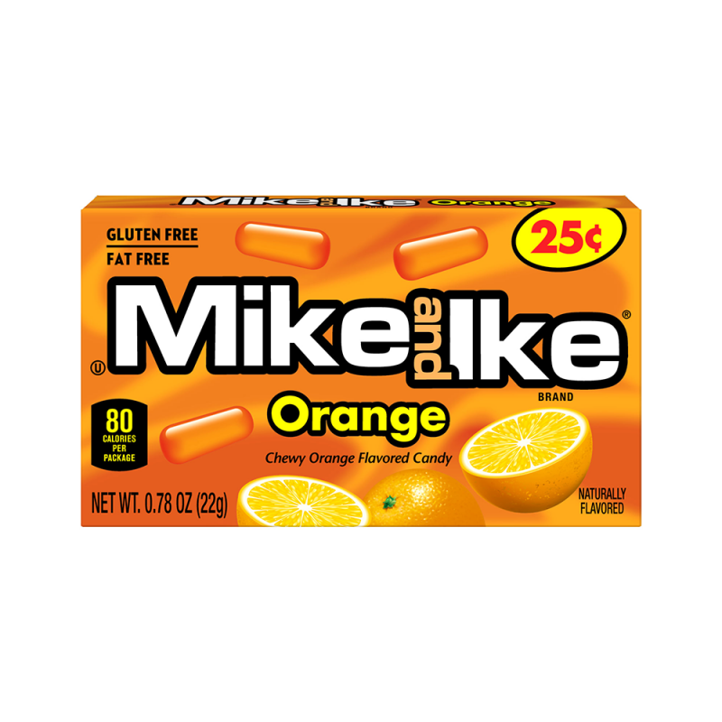 Front of Mike & Ike Orange box featuring bold logo, orange and yellow colour scheme, and chewy orange-flavoured candy pieces (22g pack)