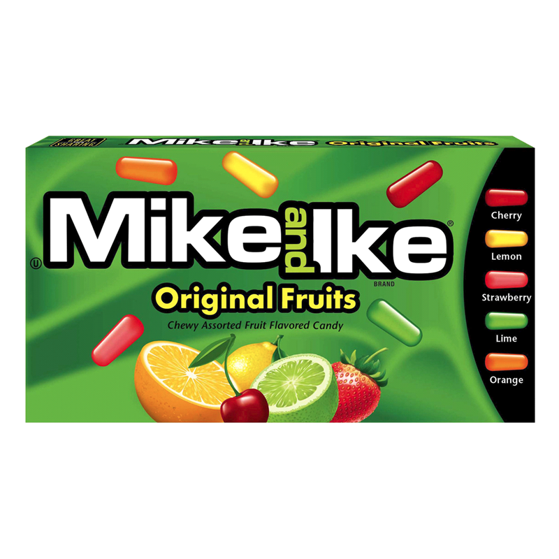 Front of Mike & Ike Original Theatre Box showing the logo, assorted fruit flavours with images of fruits, and pack size (141g)