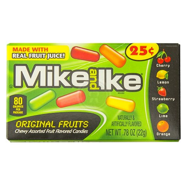 Front of Mike & Ike Original Fruits box showing bright green background, vibrant candy pieces in various fruit shapes, and 22g pack size