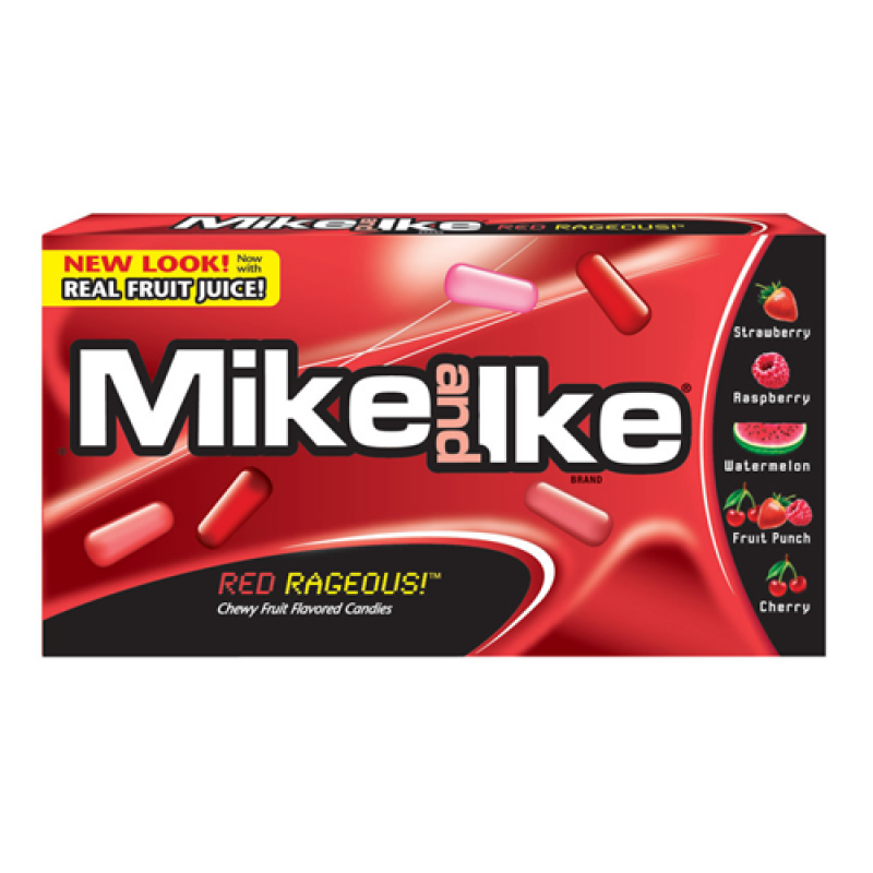 Front of Mike & Ike Red Rageous Theatre Box showing bold logo, red colour scheme, and chewy fruit-flavoured candies image (120g pack)