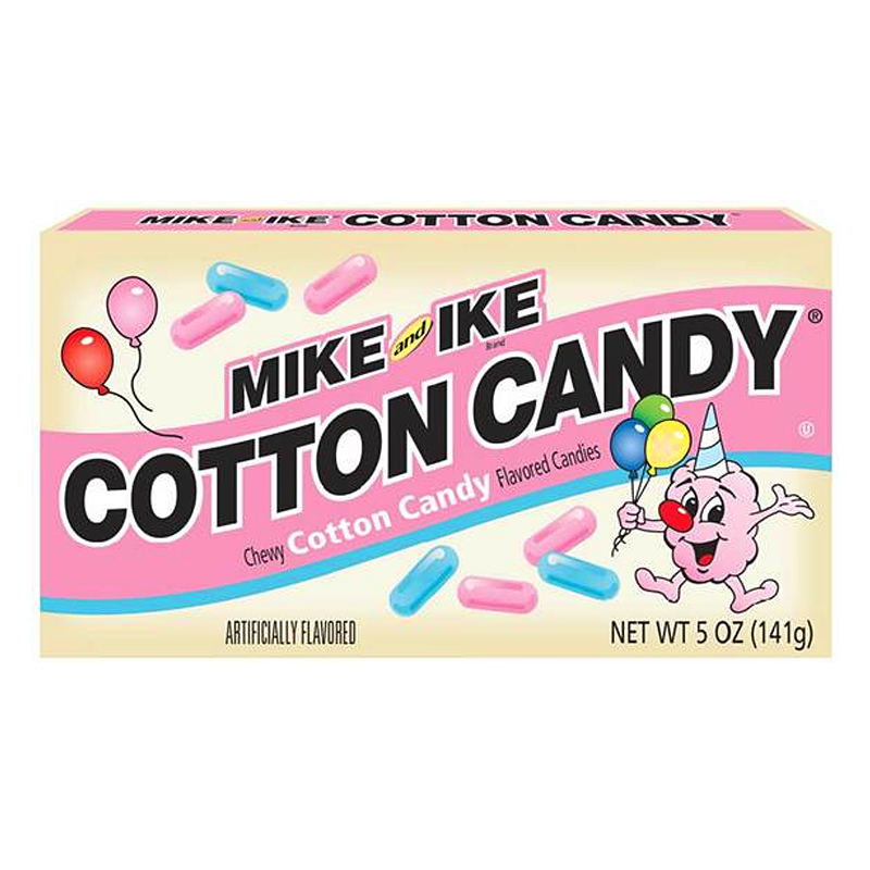 Front of Mike & Ike Cotton Candy Theatre Box showing the logo, cotton candy flavour label, and colourful chewy candies (141g pack)