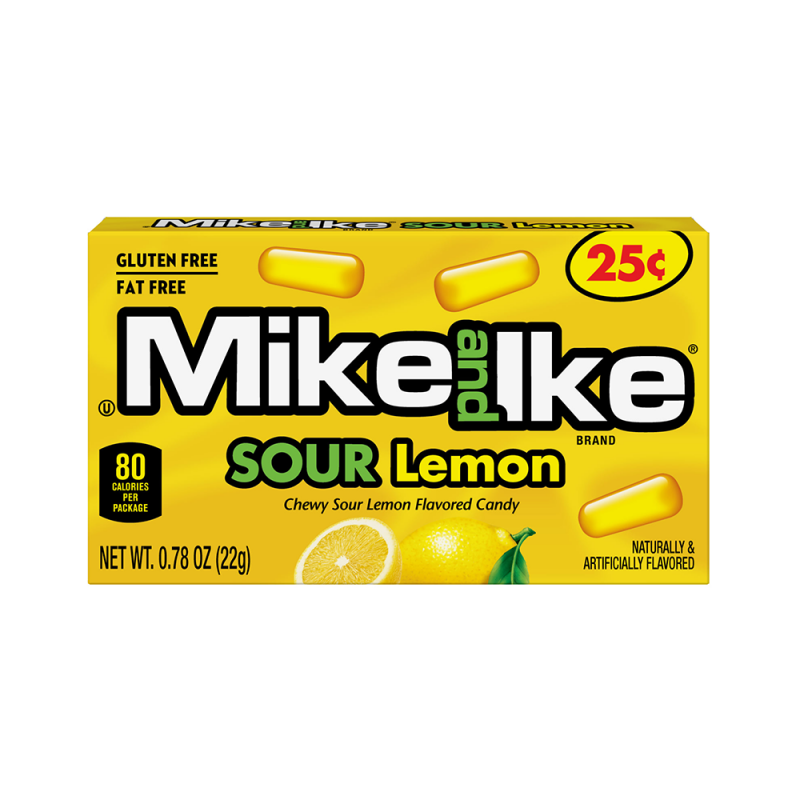 Front of Mike & Ike Sour Lemon box showing bright yellow packaging, logo, and chewy sour lemon candy pieces (22g pack)