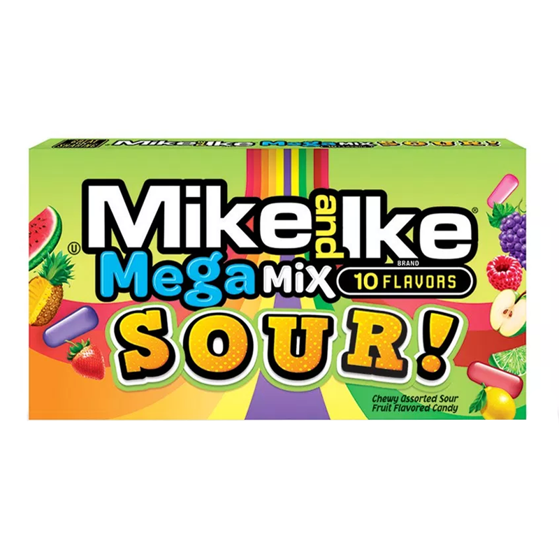 Front of Mike & Ike Sour Mega Mix Theatre Box showing colourful design, logo, and text indicating 10 flavours (141g pack)