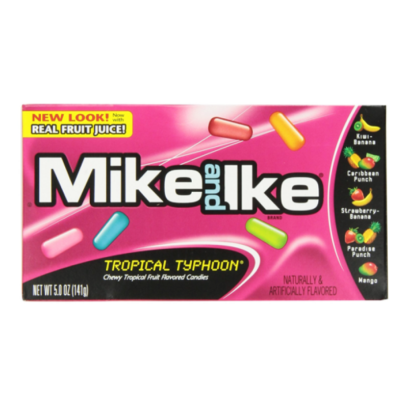 Front of Mike & Ike Tropical Typhoon box showing logo and image of colourful chewy candies, featuring kiwi-banana, strawberry-banana, Caribbean punch, paradise punch, and mango (22g pack)