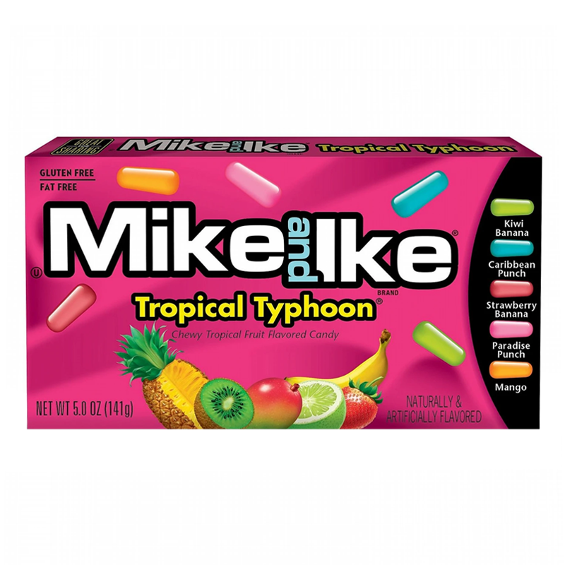 Front of Mike & Ike Tropical Typhoon Theatre Box showing pink box with logo, tropical flavours, and vibrant candy pieces (120g pack)