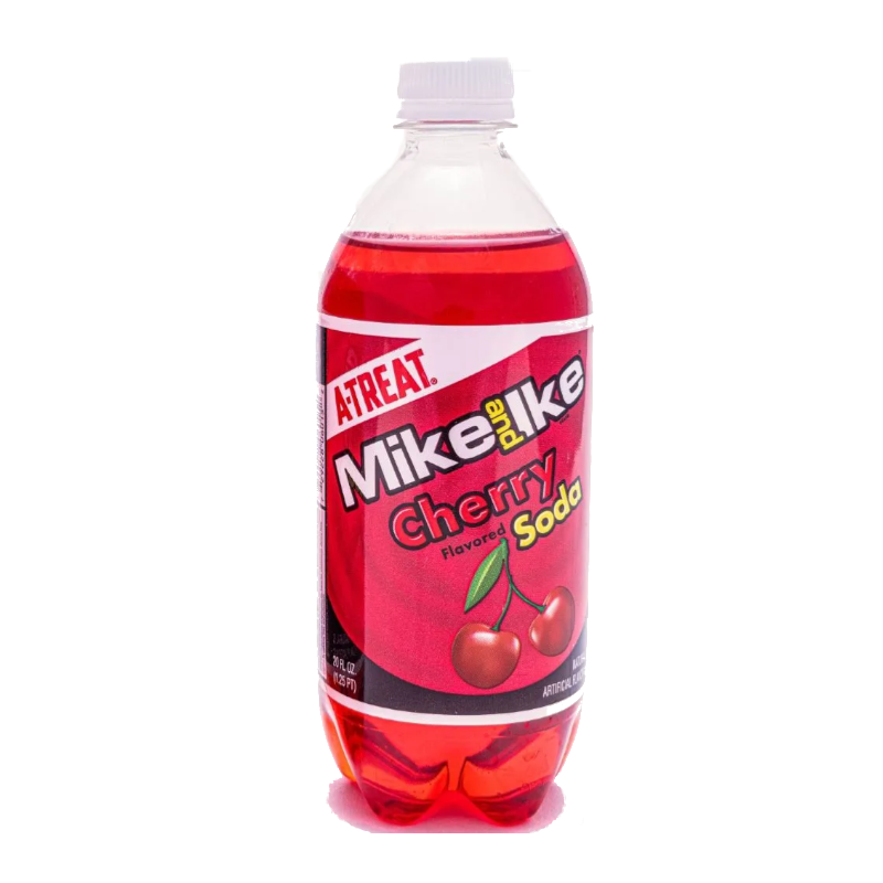 Front of Mike & Ike Cherry Soda bottle showing logo, vibrant red colour, and cherry design (591ml pack)