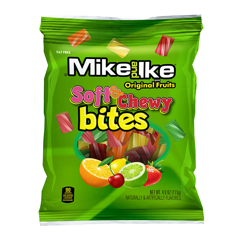 Front of Mike & Ike Soft & Chewy Bites bag featuring bright green packaging, logo, and an assortment of fruity candies (113g pack)