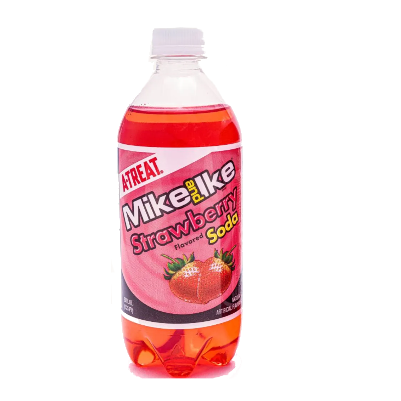 Front of Mike & Ike Strawberry Soda bottle showing the pink label, logo, and strawberries with 591ml volume.