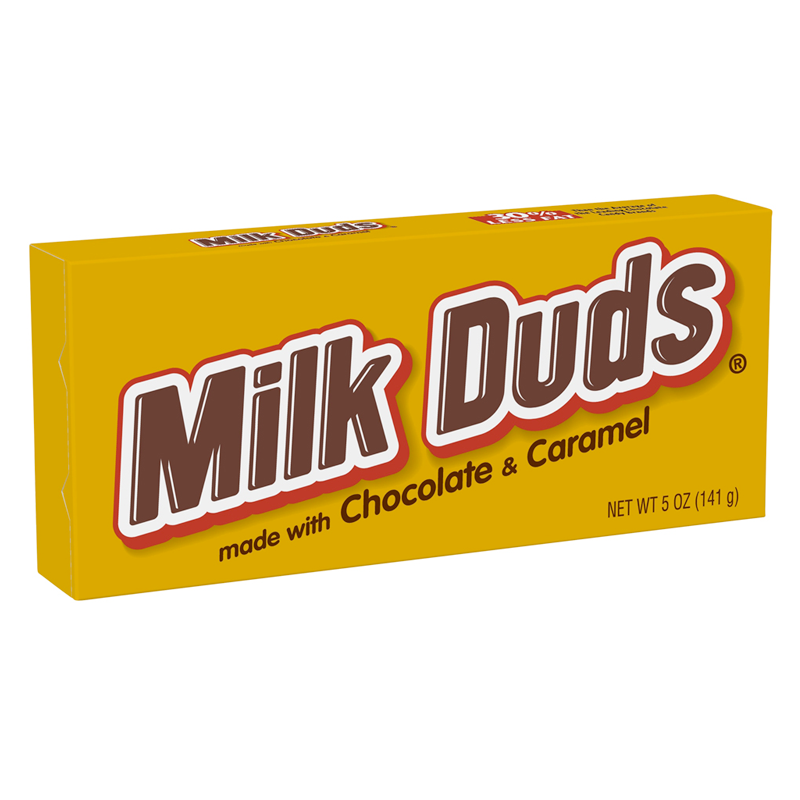 Front of Milk Duds Theatre Box showing yellow packaging with logo, indicating chocolate and caramel flavour, and 141g size.