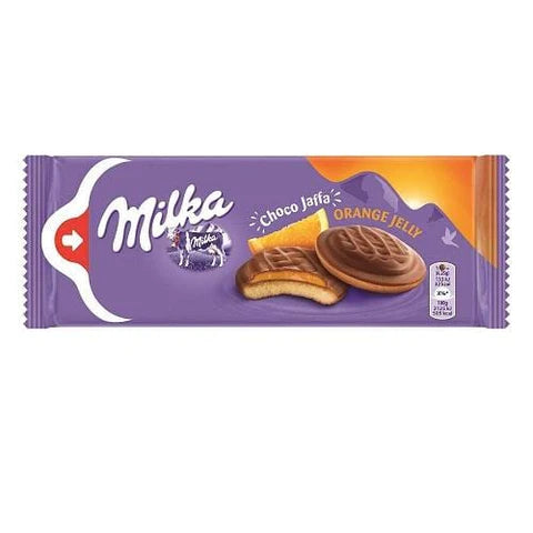 Front of Milka Orange Jaffa Cakes package showing the Milka logo, “Choco Jaffa” label, and orange jelly cake images (128g pack)