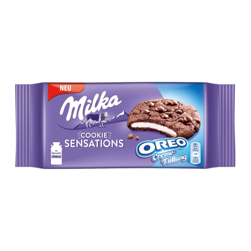 Front of Milka Cookie Sensations Oreo pack showing the logo, cookie image with creamy filling, and details (156g pack)