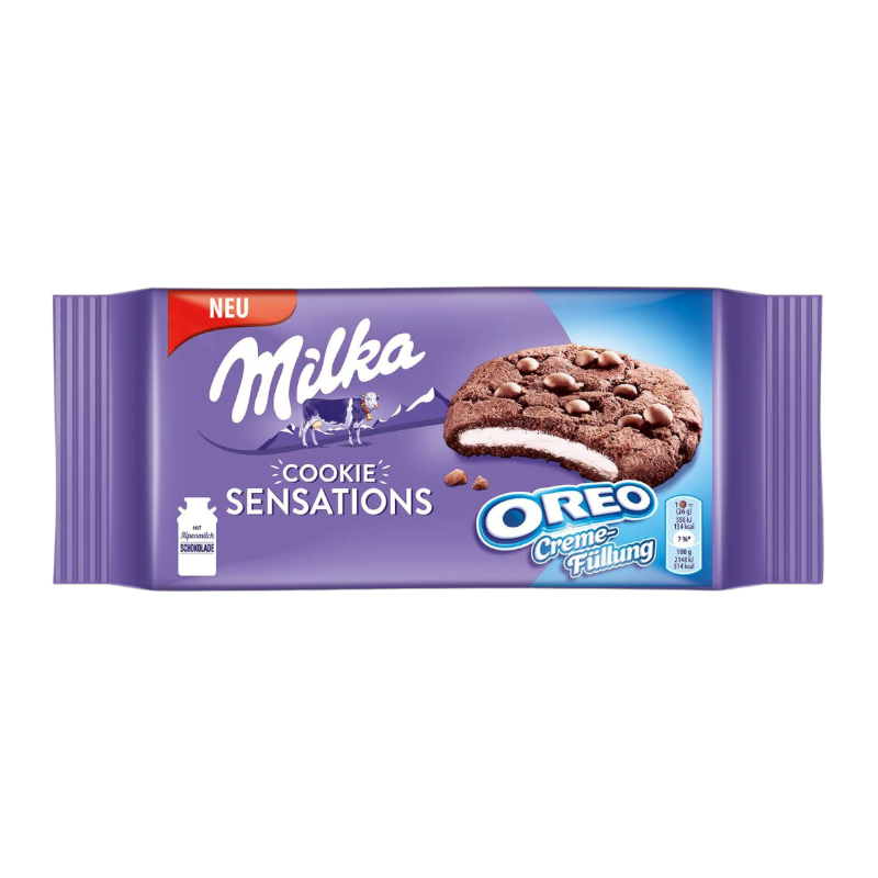 Front of Milka Cookie Sensations Oreo pack showing the logo, cookie image with creamy filling, and details (156g pack)