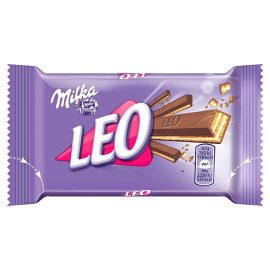 Front of Milka Leo Milk Chocolate packaging featuring the Milka logo, LEO name, and image of the chocolate bar with biscuits (33g pack)