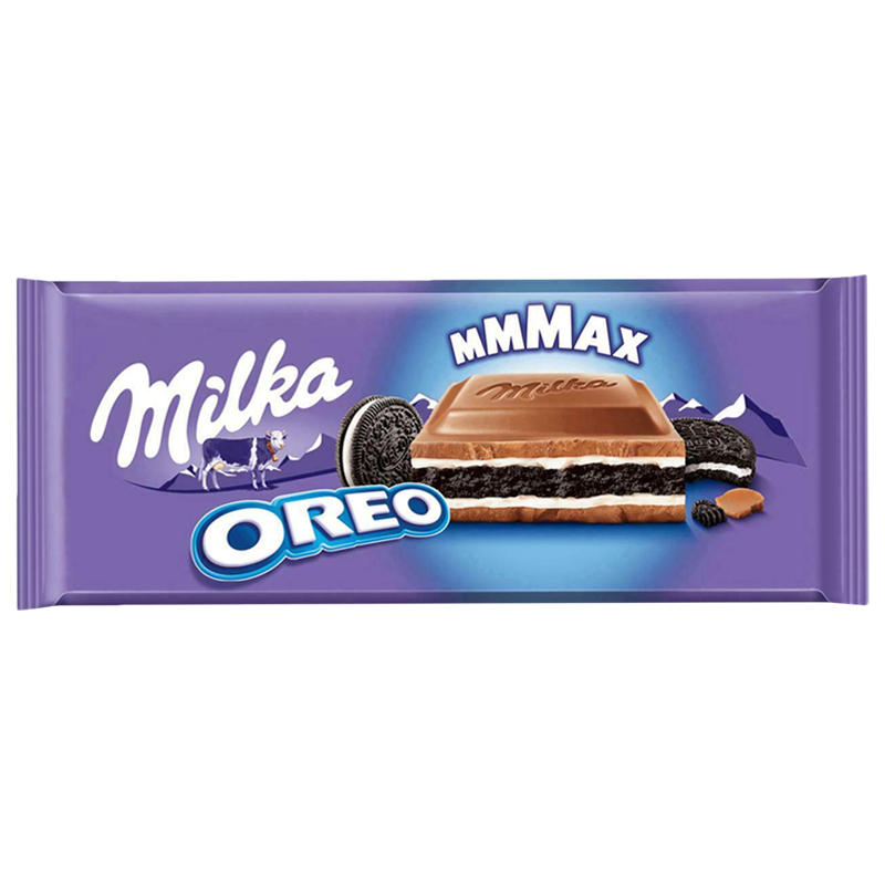 Front of Milka MMMAX Oreo chocolate bar showing logo, creamy milk chocolate with Oreo pieces, and 300g pack size