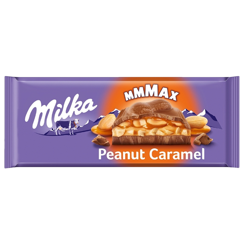 Front of Milka MMMAX Peanut & Caramel chocolate bar showing purple packaging, logo, and an image of rich caramel and peanuts (276g pack)