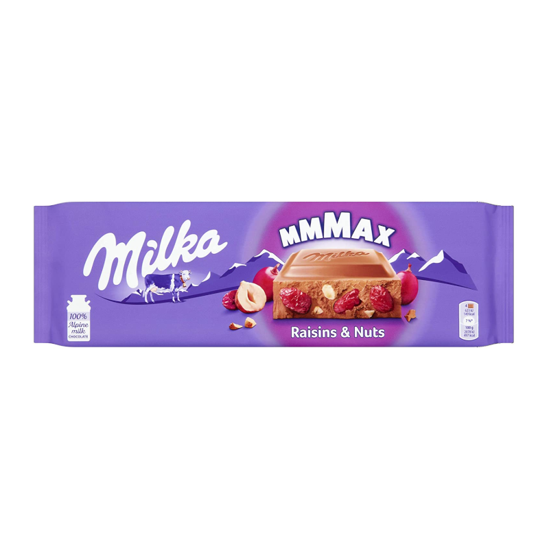 Front of Milka MMMAX Raisins & Hazelnuts packaging showing the logo, chocolate bar with raisins and hazelnuts, and 270g size