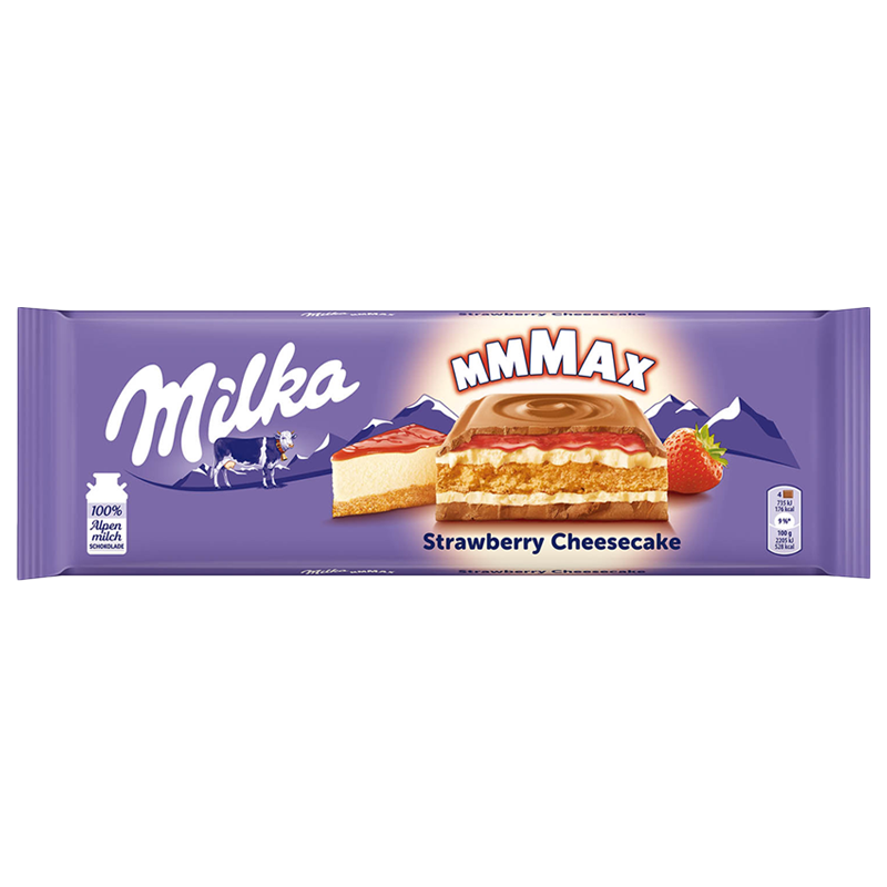 Front of Milka MMMAX Strawberry Cheesecake packaging featuring purple branding, cheesecake layers, strawberry image, and 300g size indicator.