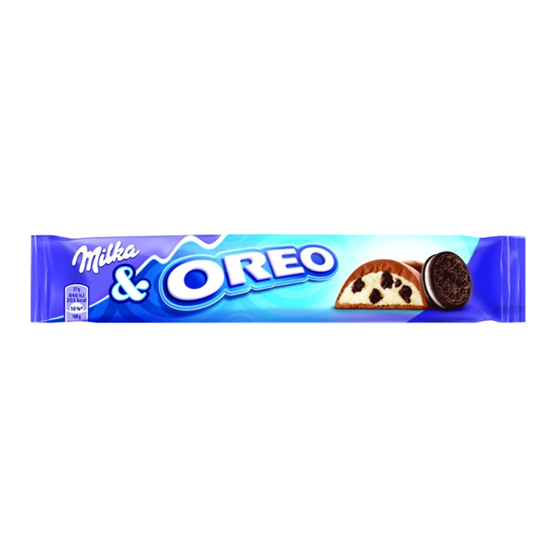 Front of Milka Oreo Bar (37g) showing creamy chocolate bar with Oreo pieces printed on the label.