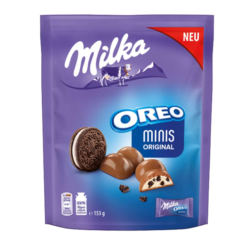 Front of Milka Oreo Minis Original bag showing Milka logo, Oreo flavour label, and images of chocolate-covered Oreo treats (153g pack)