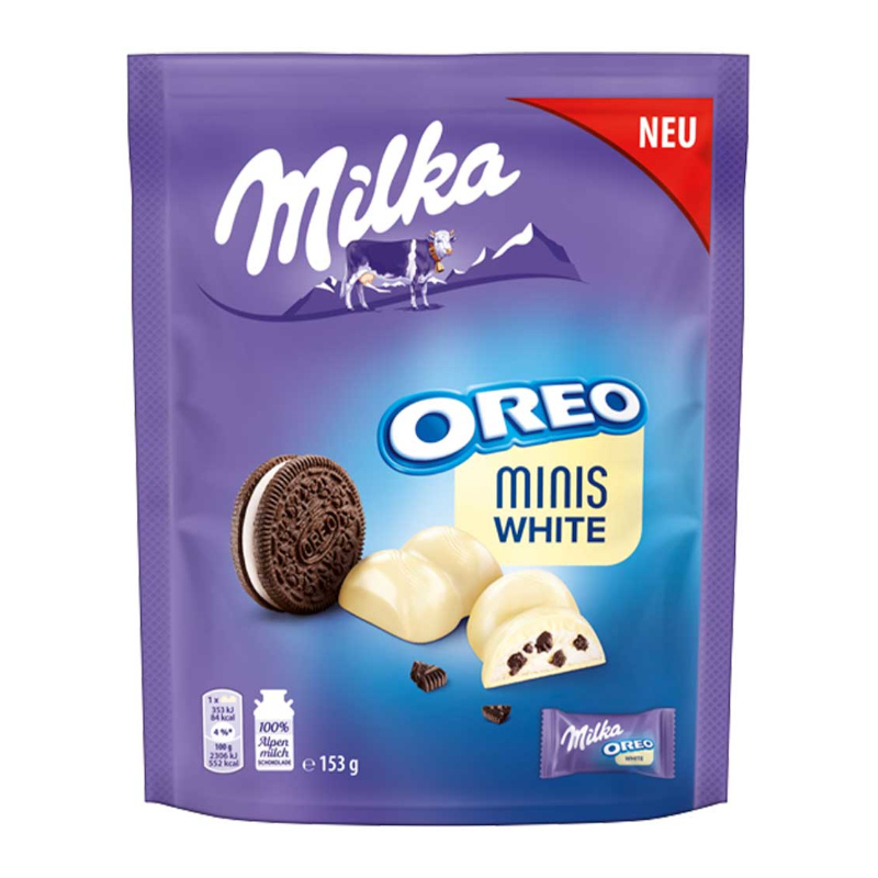 Front of Milka Oreo Minis White Chocolate packet featuring purple packaging, Oreo cookies, white chocolate pieces, and 153g size label.