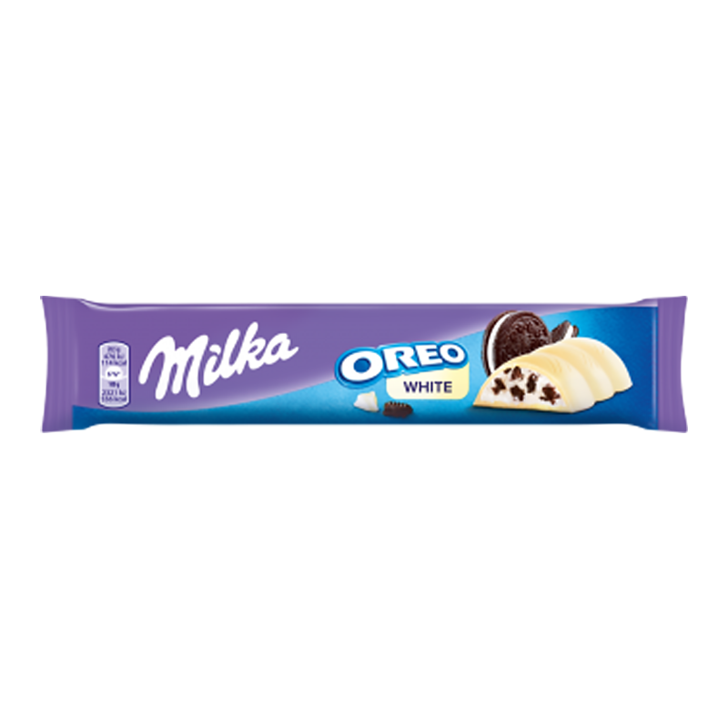 Front of Milka Oreo White Bar packaging showing the logo, white chocolate bar, and Oreo cookie pieces (37g pack)