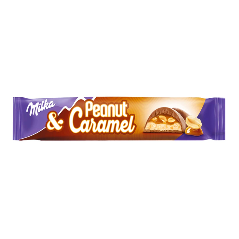 Front of Milka Peanut & Caramel chocolate bar showing rich chocolate cover, peanut and caramel filling, and pack size (37g)