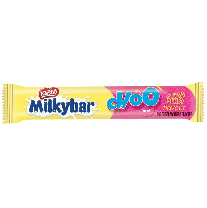 Front of Milkybar Choo Strawberry wrapper showing brand logo, strawberry flavour label, and pack size (11g)