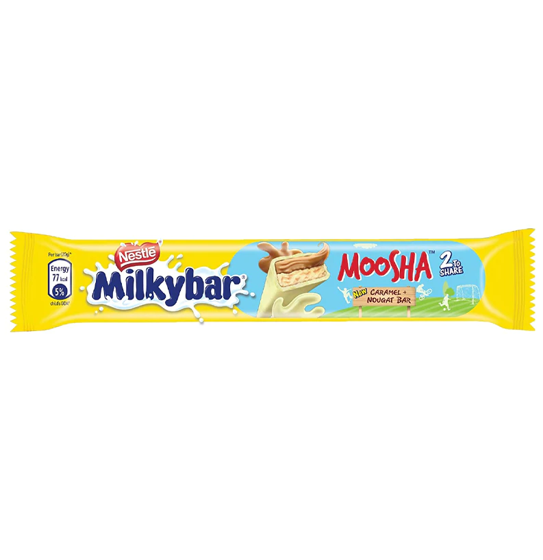Front of Milky Bar Moosha bar showing yellow design, caramel and nougat flavour, and 20g pack size