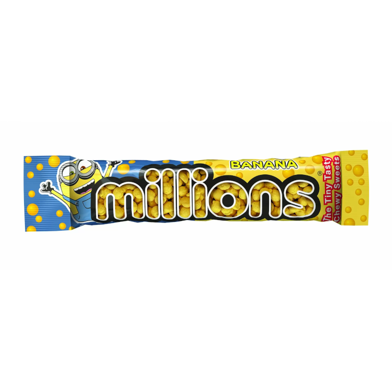 Front of Millions Banana Minions tube showing yellow and blue packaging, featuring banana flavour label and image of tiny chewy sweets (40g pack)