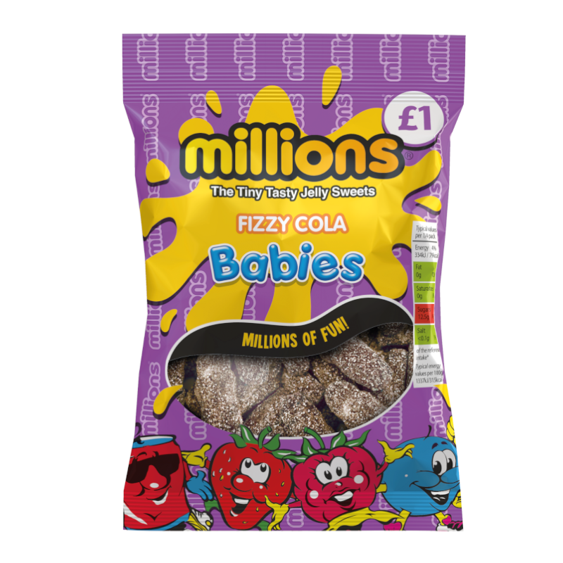 Front of Millions Fizzy Cola Babies bag showing colourful packaging with bold logo and fizzy cola sweets (120g pack)