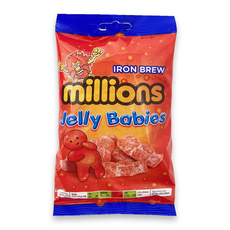 Front of Millions Iron Brew Jelly Babies pack featuring vibrant red design, fun character logo, and 180g pack size