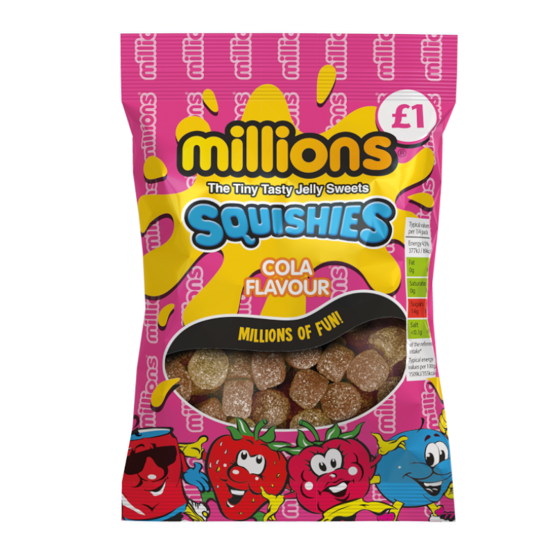 Front of Millions Squishies Cola bag featuring colorful design, brand logo, and cola flavour label (120g pack)