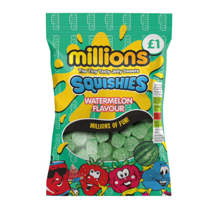 Front of Millions Squishies Watermelon bag showing bright logo, watermelon flavour label, and colourful jelly sweets (120g pack)